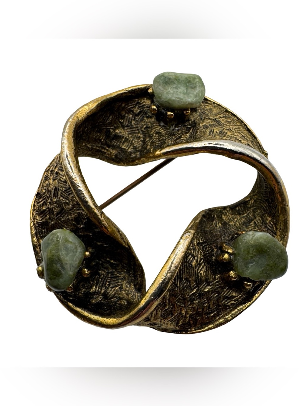 Vintage Brutalist Modernist Gold Tone Green Stone Pinwheel Brooch 1.5"